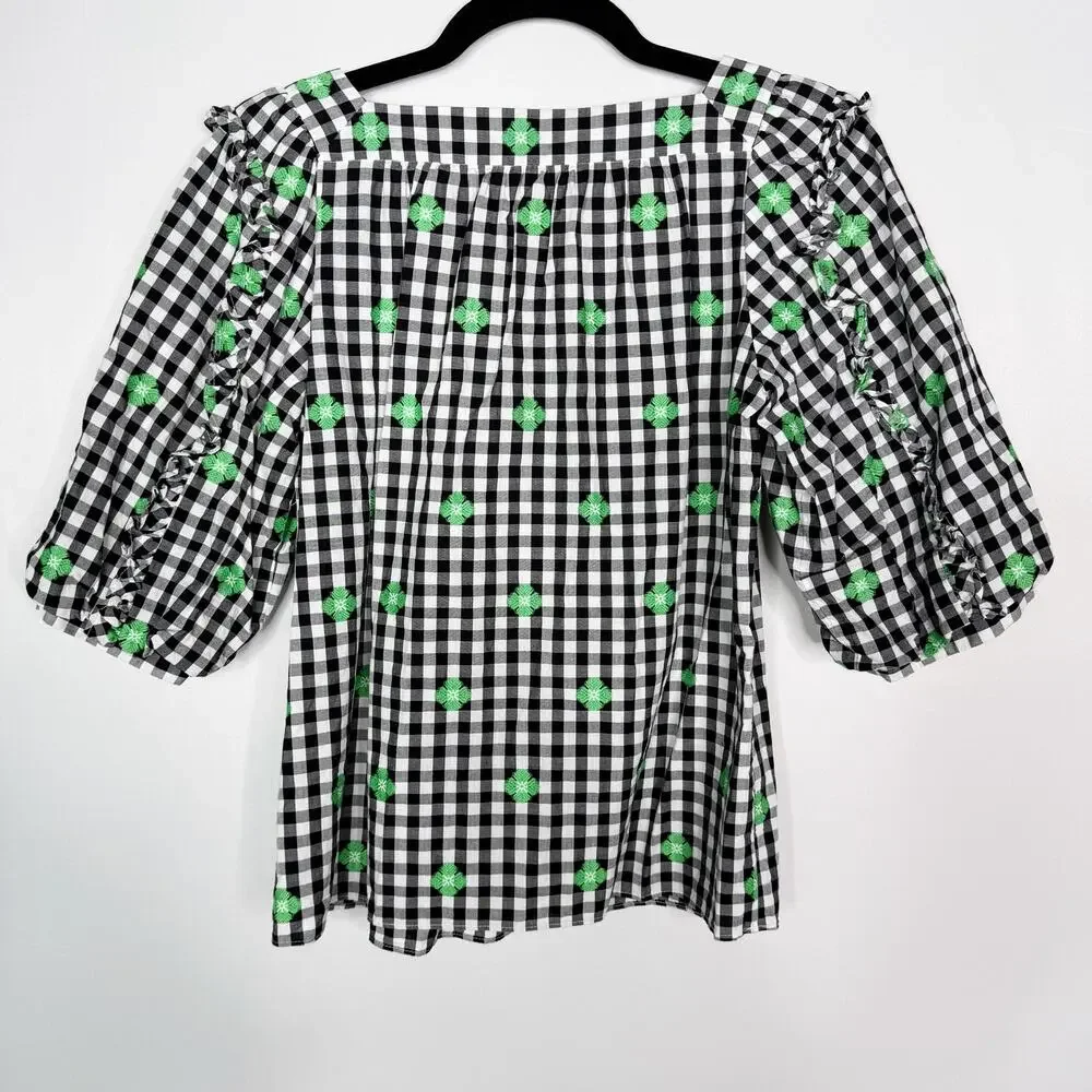 Kate Spade XS Black White Green Gingham Voile Blouse Puff Sleeves Square Neck